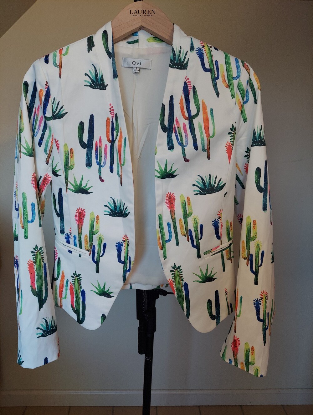 Ovi White Satin Colorful Cactus Print Blazer US S